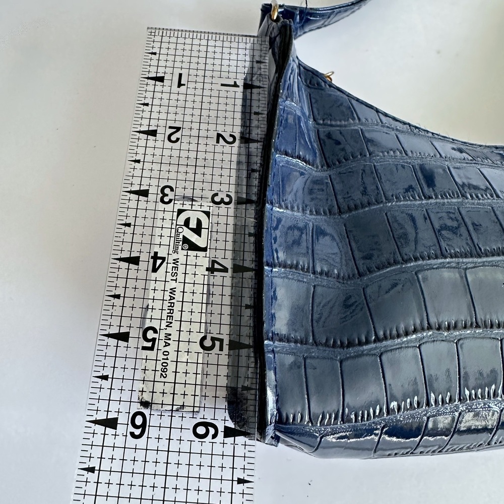 Y2K Navy Blue Croc Embossed Patent Faux Leather Shoulder Bag Going Out Party - Picture 10 of 12